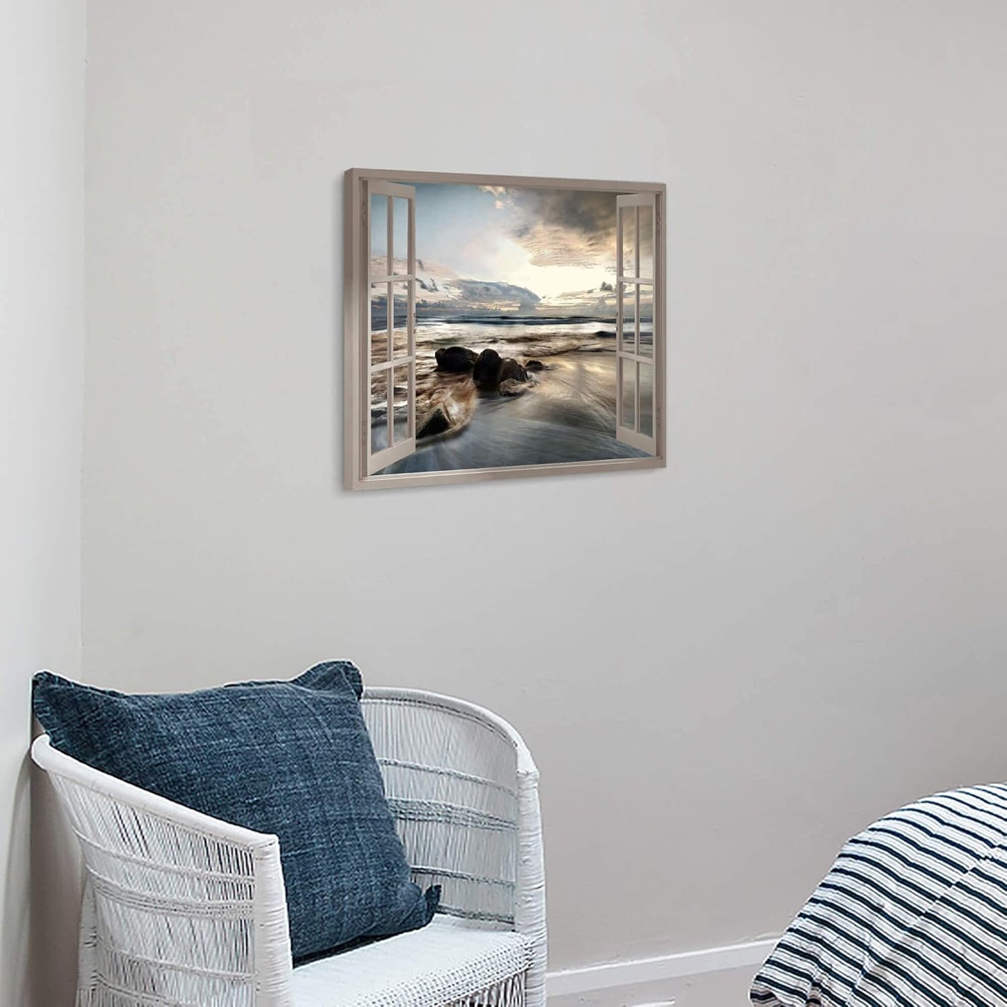 Fake Window Coastal Wall Art - Rocky Beach Artwork Canvas Painting for Bedroom Office Living Room Decor