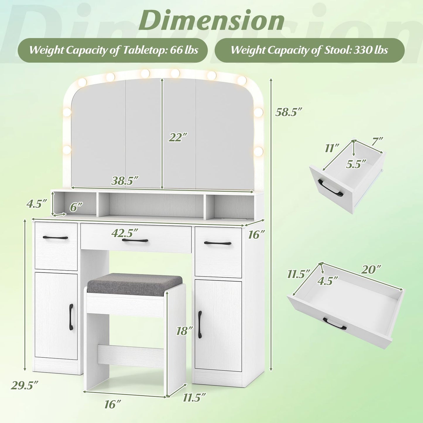 CHARMAID White Vanity Desk with Arched Mirror and Lights, Large Makeup Vanity Table with Charging Station, Storage Drawers & Cabinets, Modern Dressing Table with Stool for Bedroom