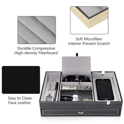 Baoyun Valet Tray for Men, 2 Layers Nightstand Organizers for Men and Women, Leather Jewelry Storage Box, Mens Dresser Top Organizer, Catch All for Jewelry Key Wallet and Phone (Black)