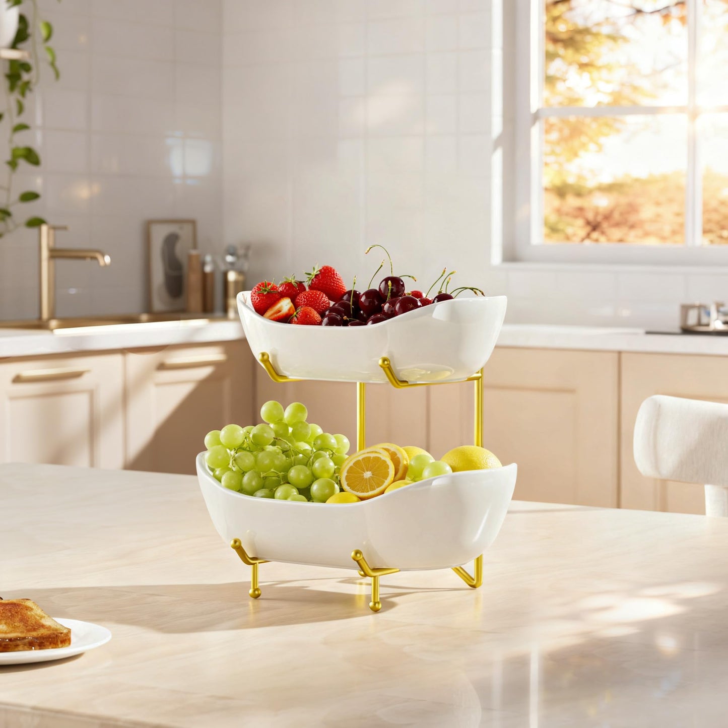 Josmimic 2 Tier Ceramic Fruit Bowl for Kitchen Counter – Fruit Basket with Gold Metal Stand, Holder for Snacks, Nuts, Cakes, Desserts, Bread, Candy Storage