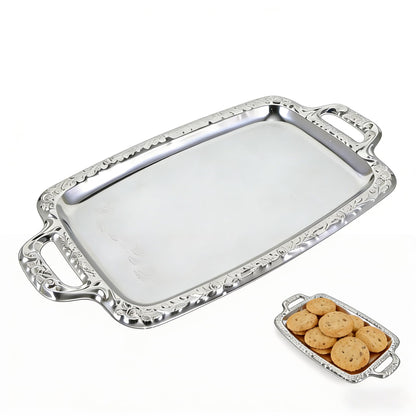 Rectangular Silver Serving Tray, Vintage Metal Tray for Whiskey Decanter Candlesticks Vanity Perfume and Snack Bread Breakfast Fruit Serving Dish