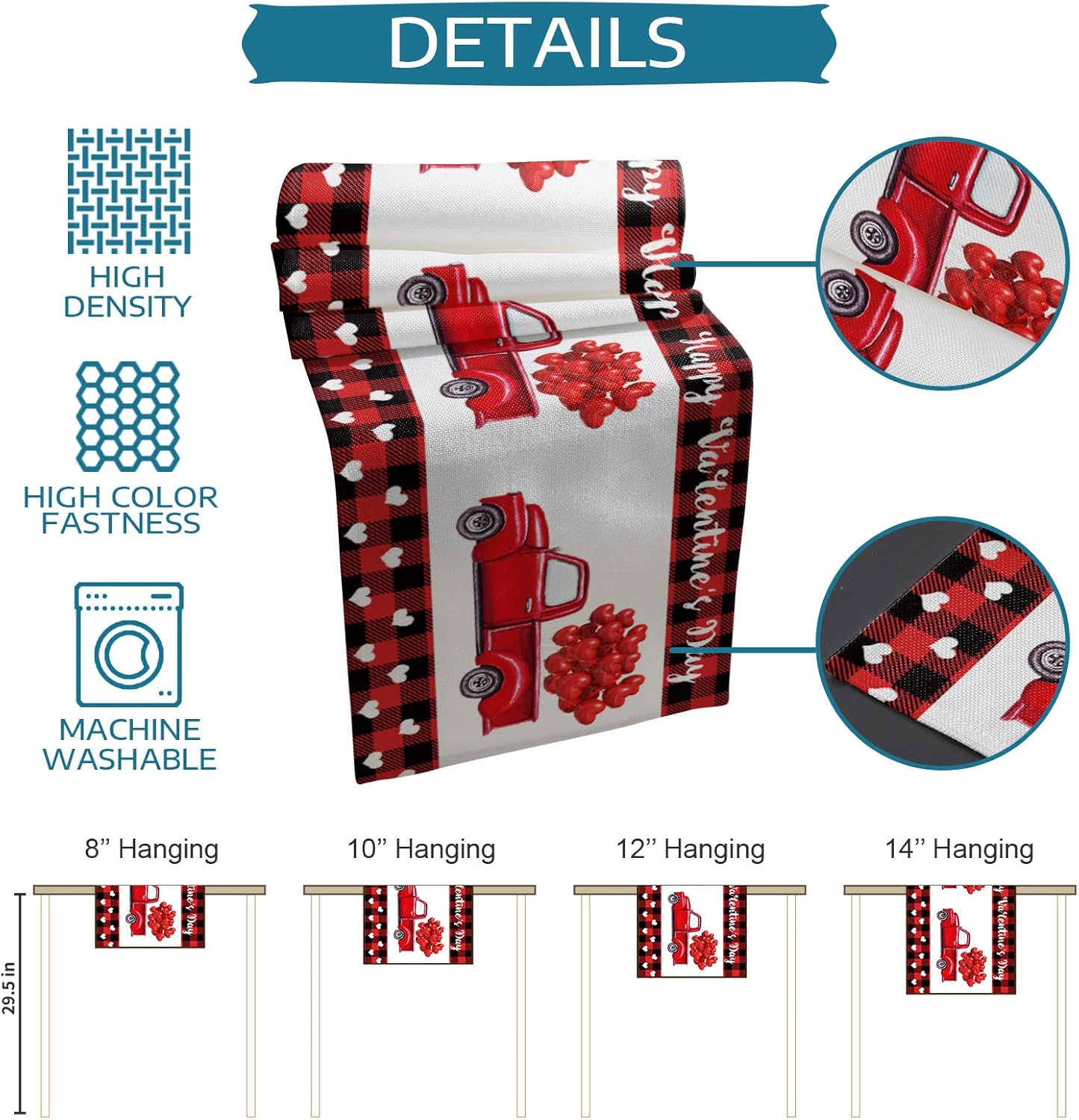 Valentine Table Runner, Red Black Buffalo Plaid Dresser Scarves with Heart Shape Balloon for Holiday Decor, 13x90inch