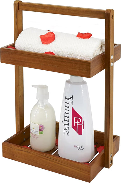 2 Countertop, Utoplike Teak Wood Shower Caddy Corner, Tier Bathroom Organizer Standing Shower Rack with Handle, Stand