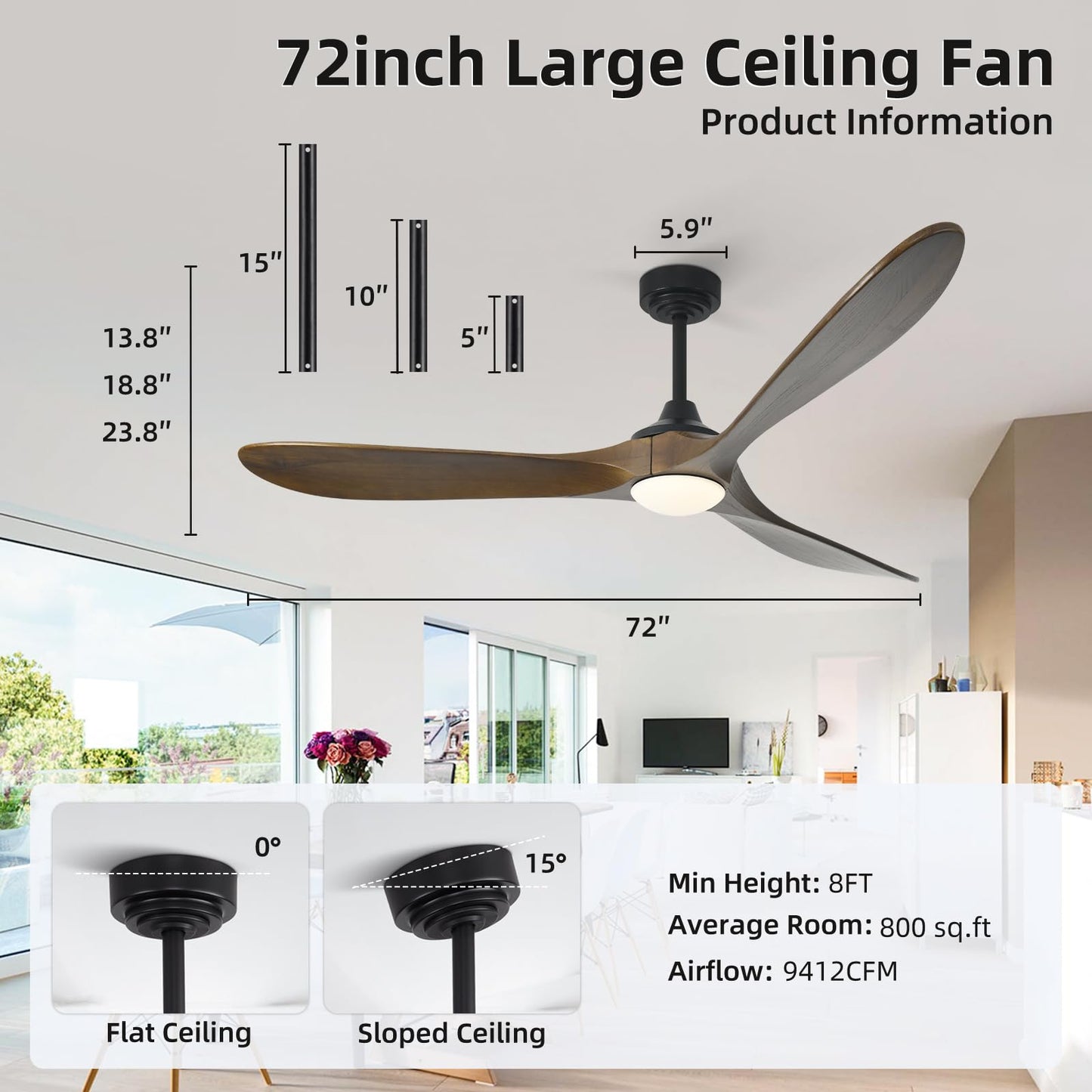 Homlit Ceiling Fan with Lights, 72'' Solid Wood Indoor/Outdoor Ceiling Fan with Quiet Reversible DC Motor, Control with WIFI Alexa App, 3CCT Dimmable, 6 Speeds Bronze Outdoor Fan for Patio Porch