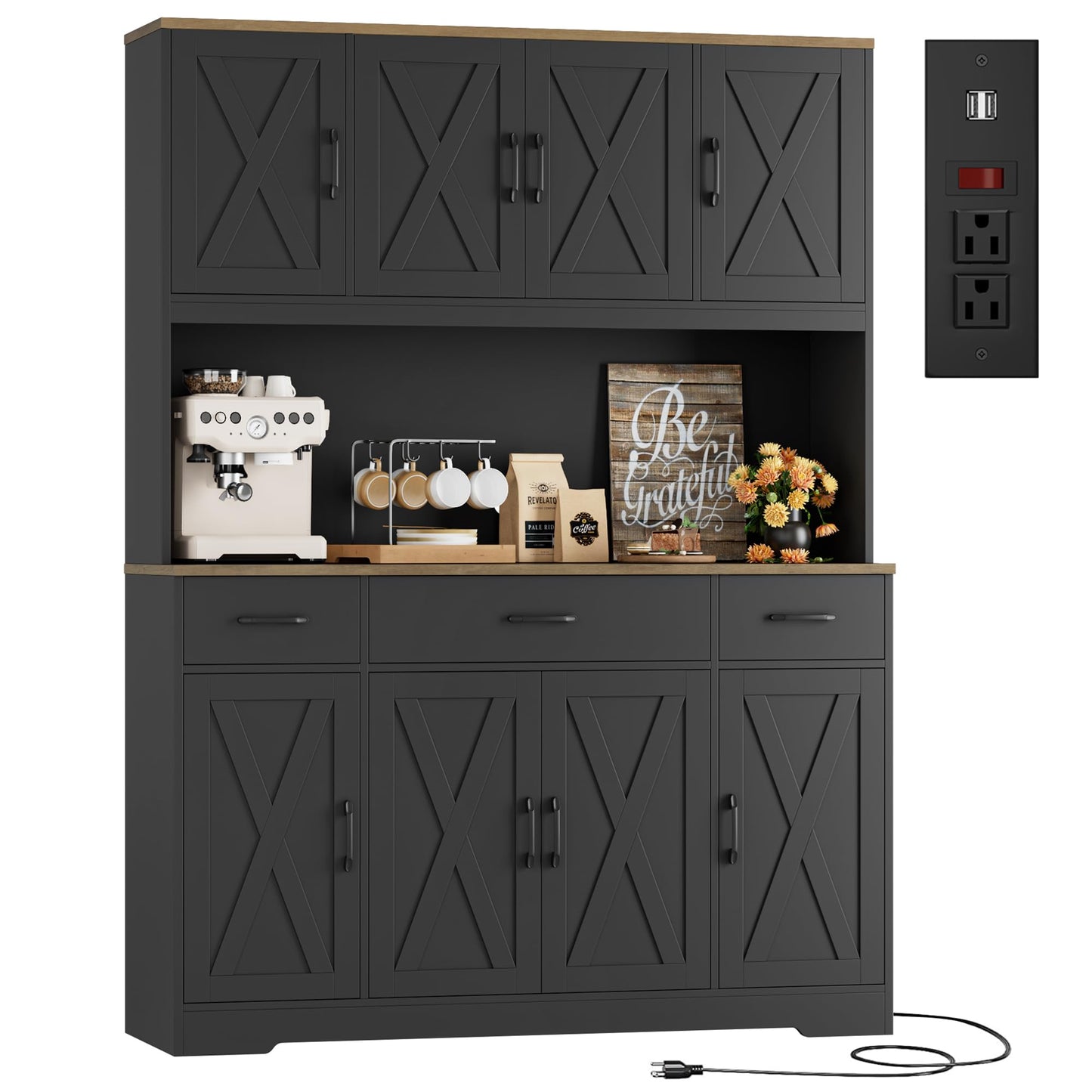 HOSTACK 71" Tall Pantry Cabinet with Charging Station, 55" Wide Kitchen Pantry Storage Cabinet with Countertop, Large Kitchen Hutch with Storage Drawers and Microwave Stand for Dining Room, Black