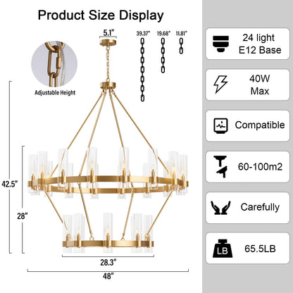 YIOSI 48" Gold Chandelier, 2 Tier Wagon Wheel Chandelier with Glass Shade, 24-Lights Large Round Modern Farmhouse High Ceilings Pendant Lighting Fixture for Dining Room, Living Room, Kitchen, Foyer