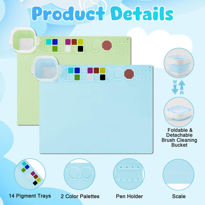 MEKOTRIN 2PCS Silicone Painting Mat, 20"X16" Art Mat with Cup and Palettes, Silicone Craft Mat has 16 Color Dividers, Paint Mat for Artist Clay DIY Creations(Blue+Green)
