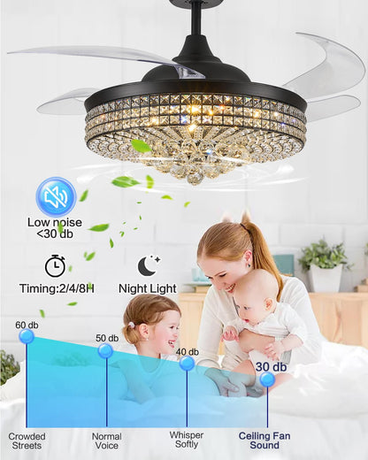 Trssdre 52" Dimmable Black Fandelier Ceiling Fans with Lights and Remote Modern Retractable Blade Crystal Chandelier Ceiling Fan for Bedroom Dinning Room Living Room
