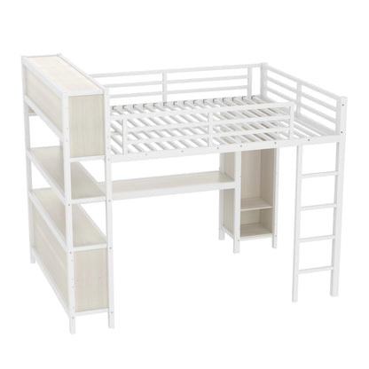 Bellemave Queen Loft Bed with Desk & Wardrobe, Heavy Duty Metal Loft Beds with Storage Shelves, Space Saving Loft Bed Queen Size with Safety Guard, White Wood Grain
