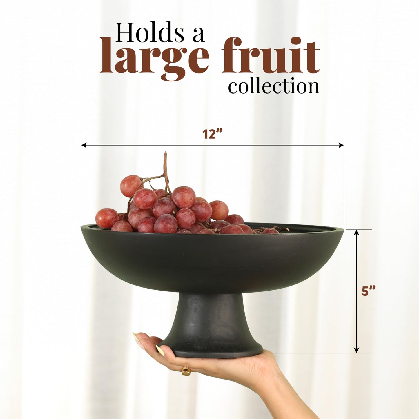 Folkulture Wooden Fruit Bowl for Kitchen Counter | 12" Large Premium Eco Friendly Banana Fruit Basket for Kitchen | Black Wood Bowl with Holder, Pedestal for Table Decor, Mothers Day Gifts