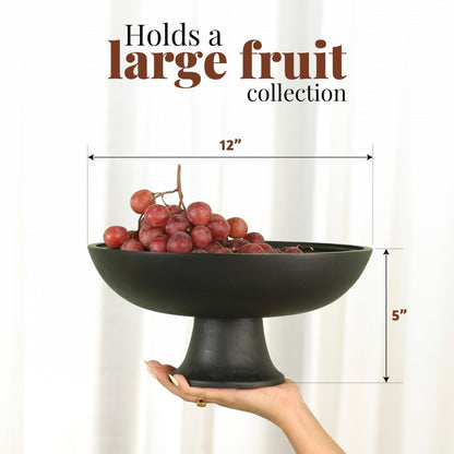 Folkulture Wooden Fruit Bowl for Kitchen Counter | 12" Large Premium Eco Friendly Banana Fruit Basket for Kitchen | Black Wood Bowl with Holder, Pedestal for Table Decor, Mothers Day Gifts
