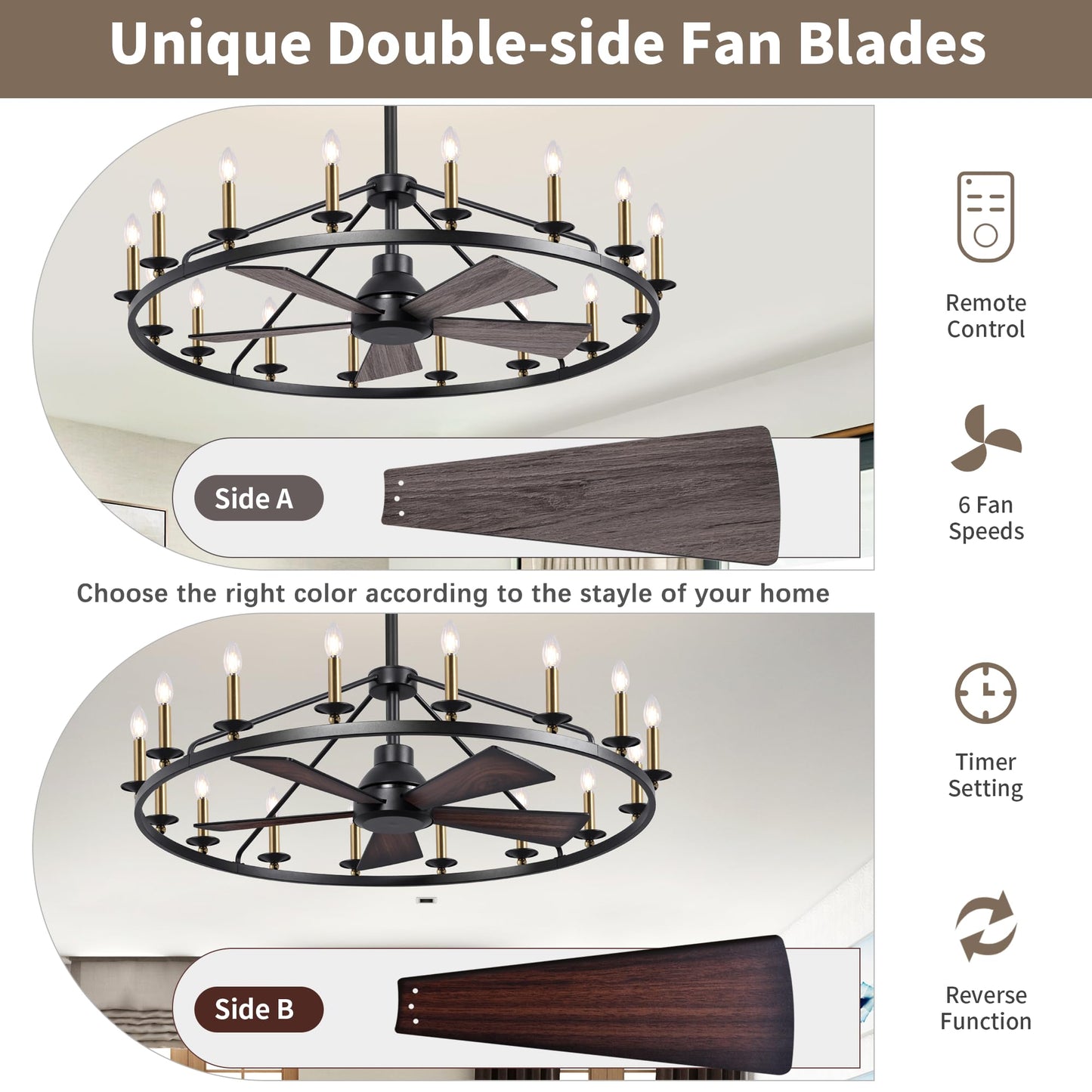 44" Wagon Wheel Chandelier with Fans, Black and Gold Wagon Wheel Ceiling Fan with 16-Light and Remote, Farmhouse Chandelier for Living Room, Adjustable Height, 6-Speed Reversible Quiet Large Fandelier