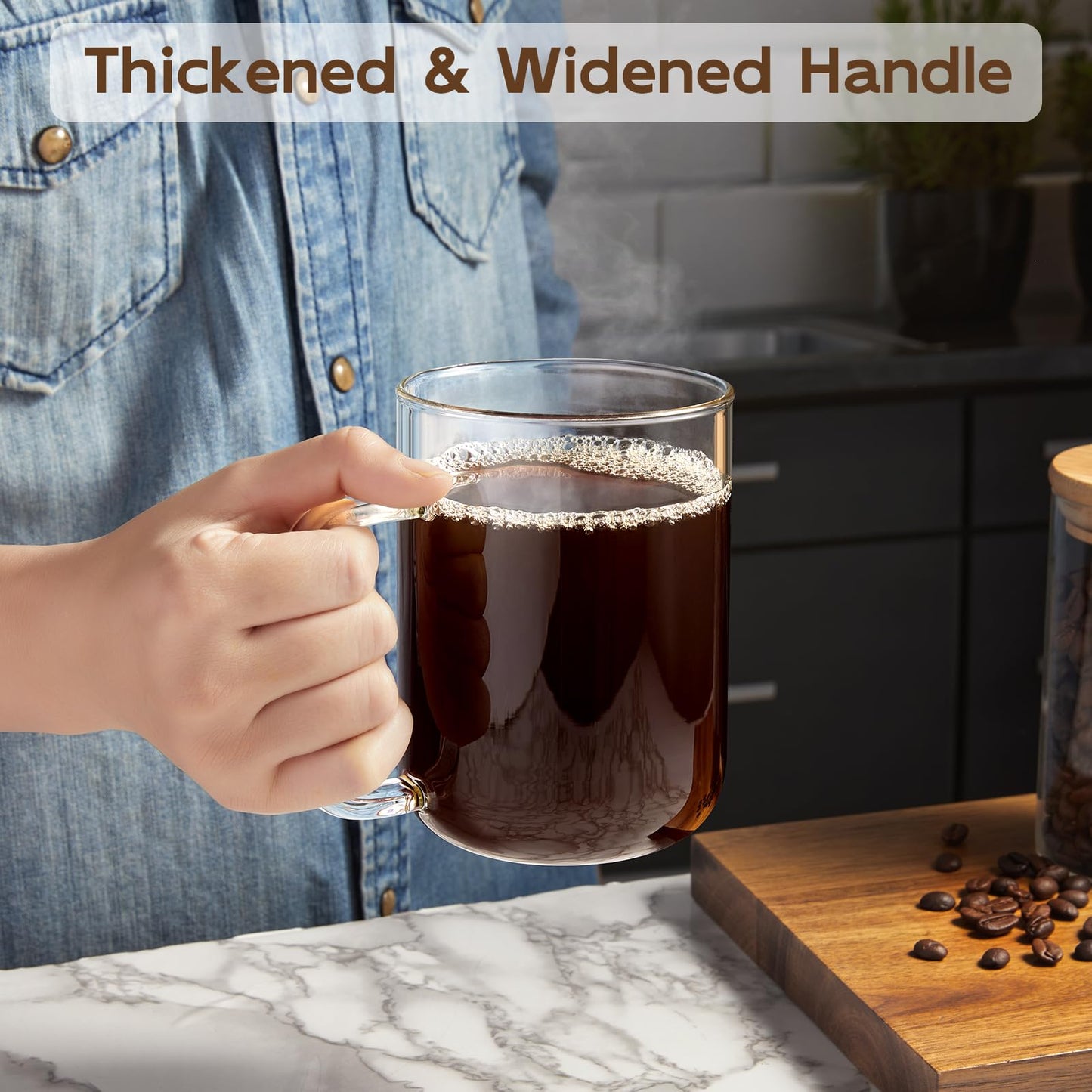 BWODYAY Glass Coffee Mugs, 20 oz Ice Coffee Cups Set of 4, Large Clear Tea Cups, Glass Mugs with Handles for Hot Beverages, Glass Cups for Latte, Cappuccino, and Tea