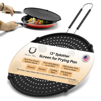 Splatter Screen for Frying Pan | USA Brand | 13-Inch Black, Fit Pans (12" to 13") Silicone Grease Splatter Guard for Frying Pan and Stove by Beckon Ware