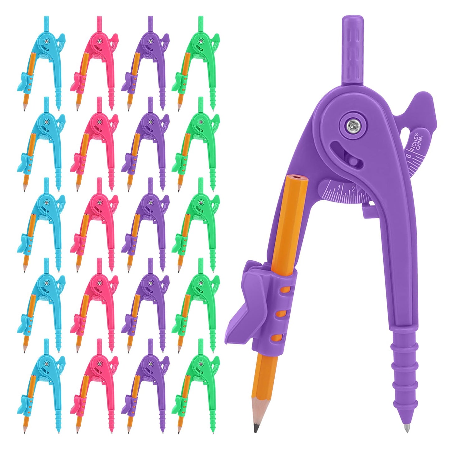 20 Pieces Compass Geometry Tool Multicolour Math Compass Drawing Compass for Geometry Plastic Geometry Compass with Pencil for Student Classroom School Office Drafting Art Drawing (20 PCS)