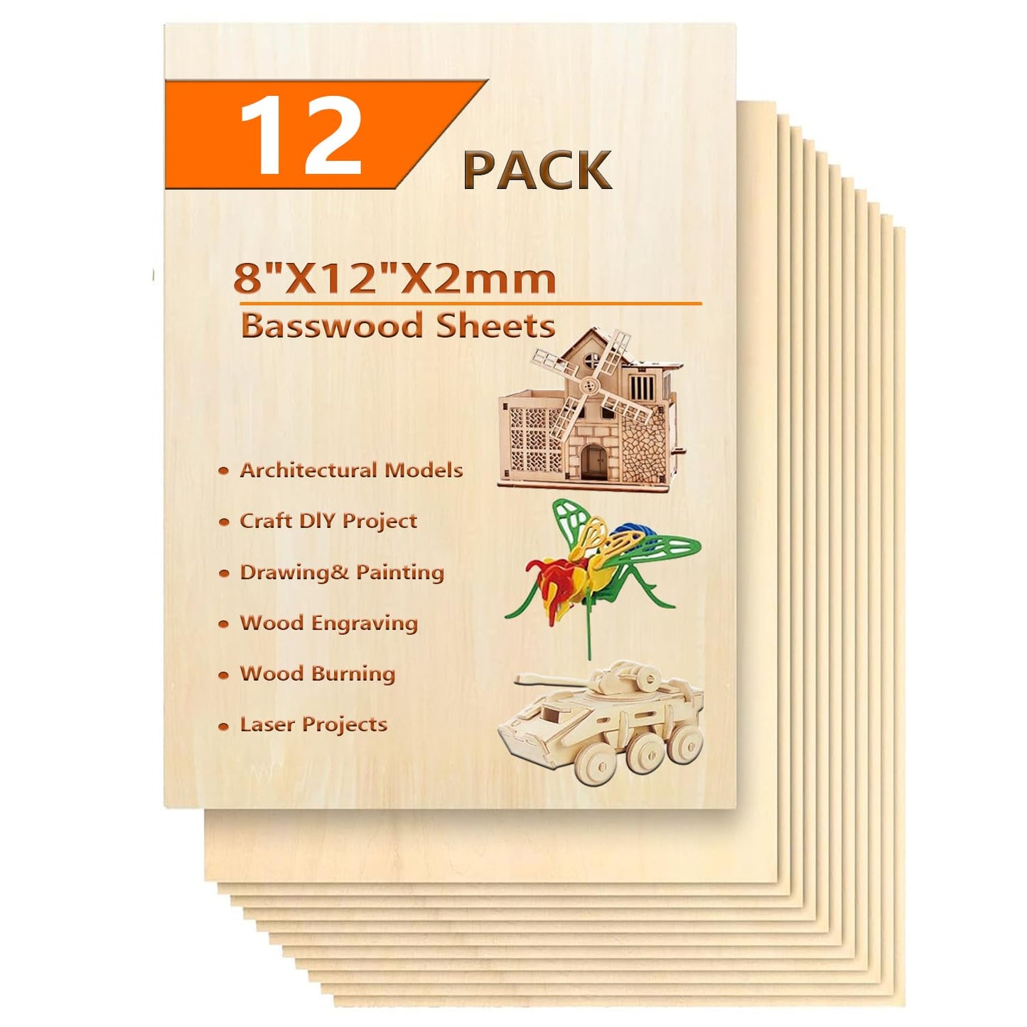 12 Pack Basswood Sheets for Crafts- Thin Plywood Sheets - Balsa Wood Sheets -Unfinished Wood Boards for Painting,Laser Cutting,Engraving,Burning and CNC Cutting