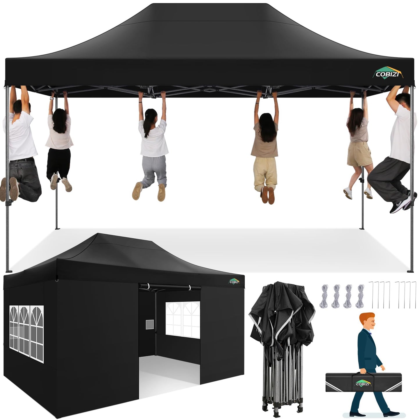 COBIZI 10x15 Heavy Duty Pop up Canopy Tent with 4 sidewalls Commercial Outdoor Canopy Wedding Party Tents for Wedding All Season Wind & Waterproof Gazebo with Carry Bag, Black(Frame Thickened)