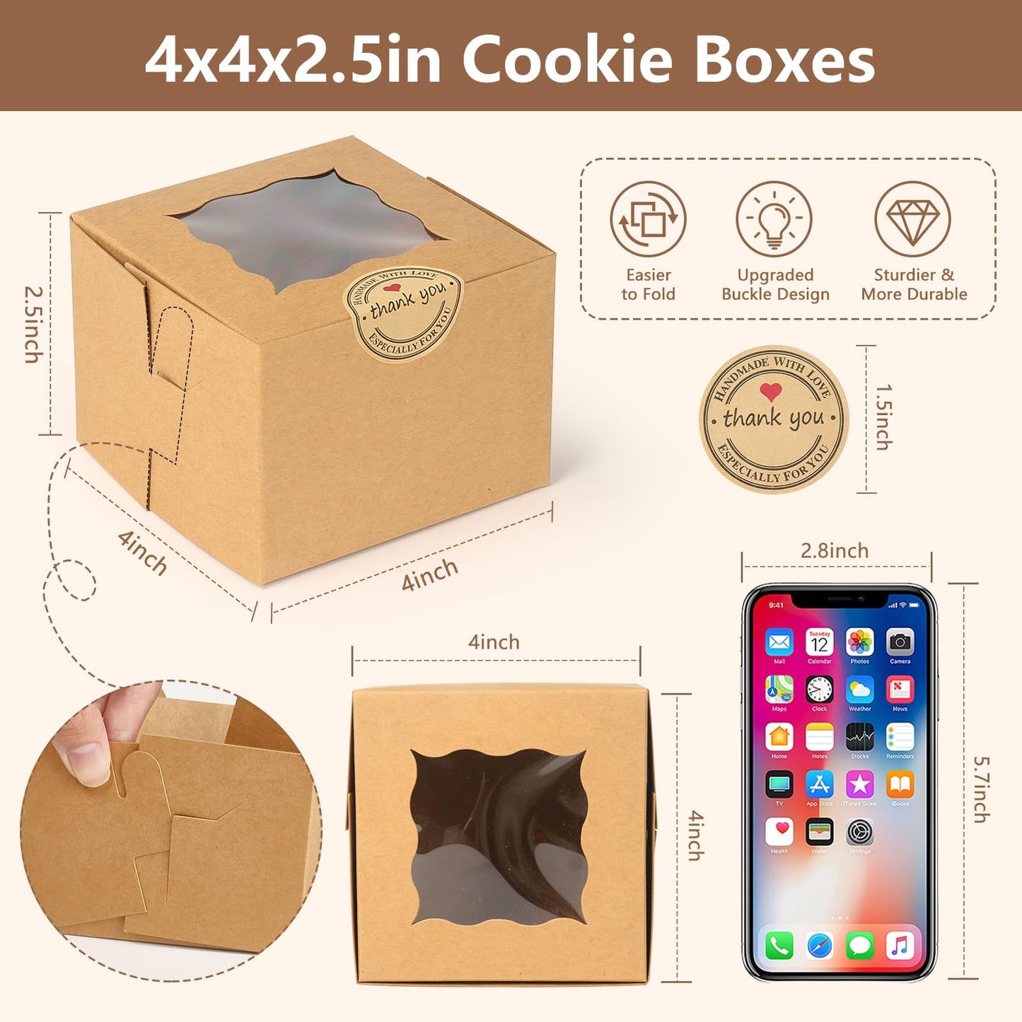 TAOUNOA 80 Pack 4x4x2.5 Inch Cookie Boxes with Window, Kraft Bakery Boxes for Cupcakes, Desserts Treats, Clear View Eco-Friendly Gift Packaging for Baked Goods Party (Brown, 20 pcs Easy to Secure)