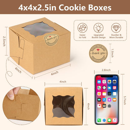 TAOUNOA 80 Pack 4x4x2.5 Inch Cookie Boxes with Window, Kraft Bakery Boxes for Cupcakes, Desserts Treats, Clear View Eco-Friendly Gift Packaging for Baked Goods Party (Brown, 20 pcs Easy to Secure)