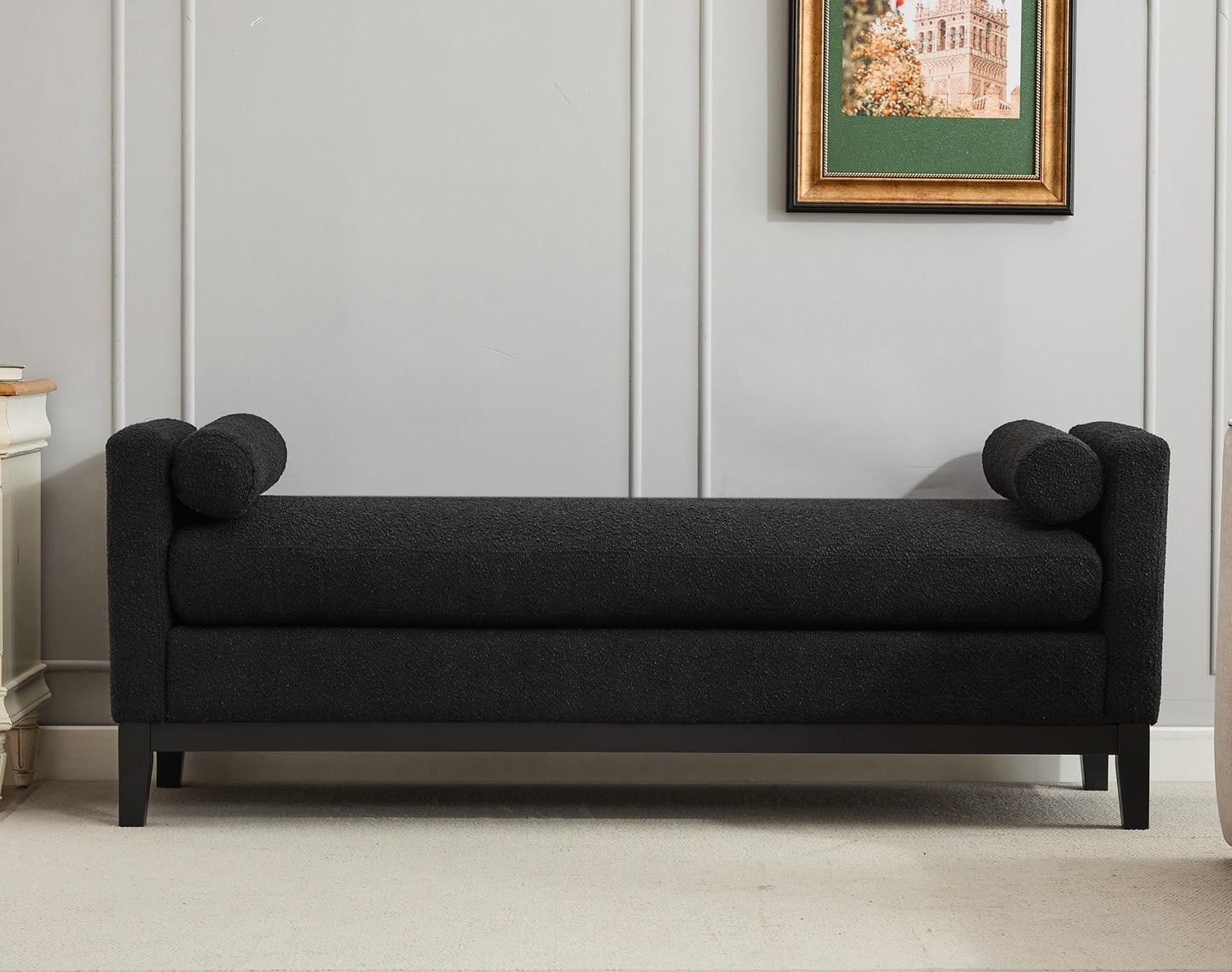 KEIKI Oversize Boucle Bench Ottoman with 2 Bolster Pillows & Wood Legs, Upholstered End of Bed Daybed Seating, Foot Rest Stool Furniture for Bedroom, Living Room, Entryway, Black