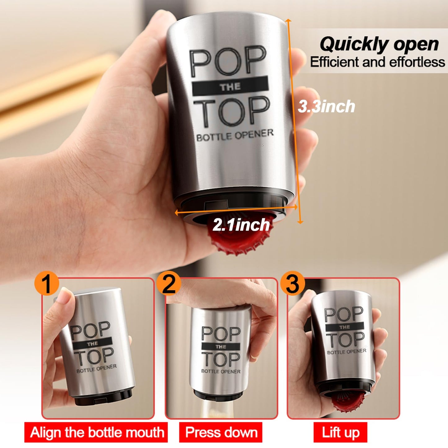 2PCS Beer Bottle Opener with Magnetic Cap, Automatic Stainless Steel One-Handed Bottle Cap Opener, Spring Loaded Push&Pop for Kitchen Home Bar Restaurant Household Utensils Destapador de Cerveza
