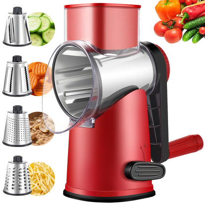 Weltonhm Rotary Cheese Graters with 4 Blades, Large Hand Crank Cheese Grater with Waffle Slicer, Red Cheese Shredder with Suction Base, Easier for Shredding & Grating (Red and black, 4 Graters)