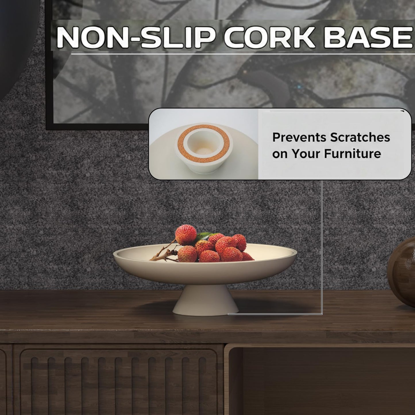Wageso Modern Concrete Pedestal Fruit Bowl – Handmade 12" Centerpiece for Kitchen Counter, Coffee Table & Entryway – Non-Slip Cork Base, Heavy Duty Home Decor Tray for Keys, Storage – Beige