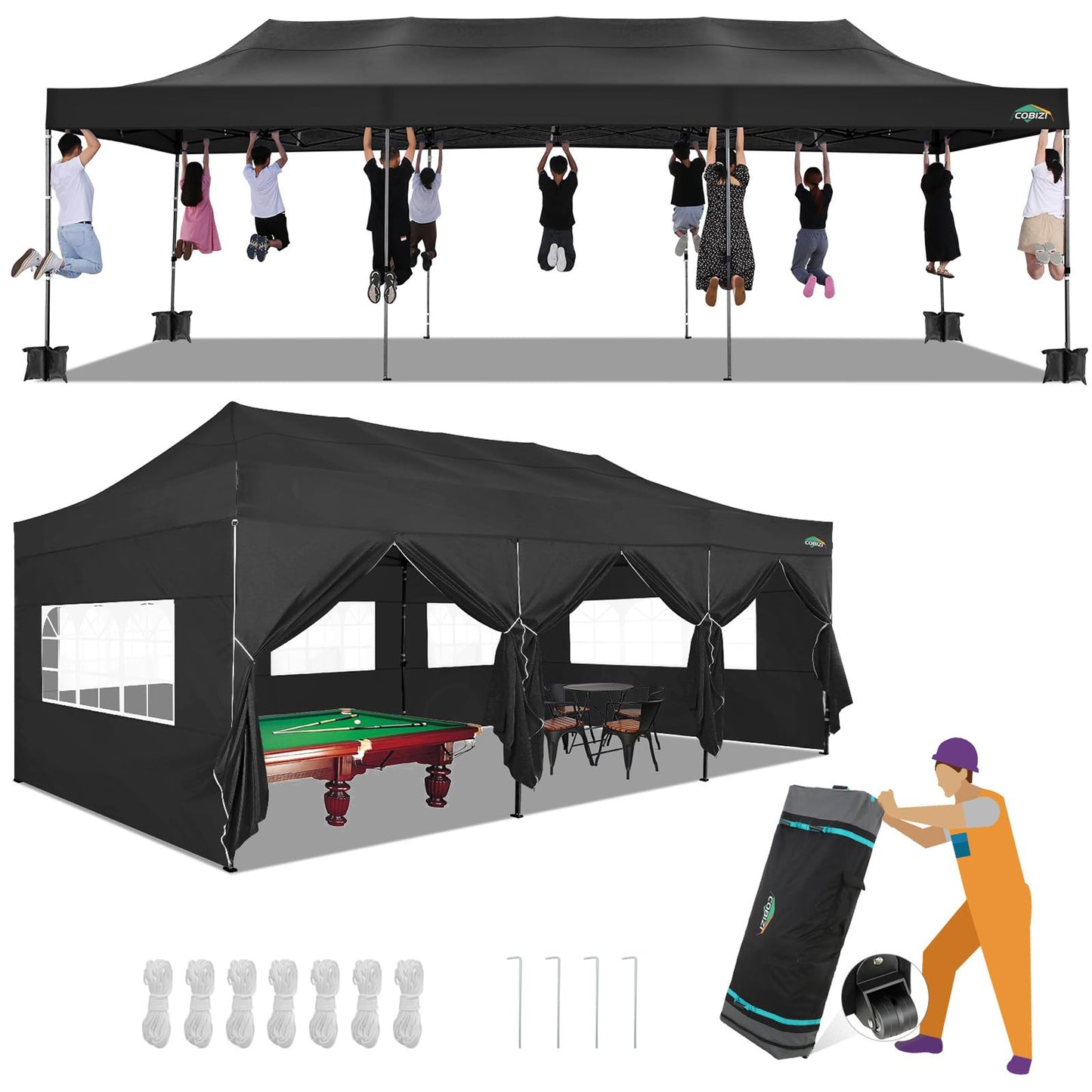 COBIZI 10x30 Pop up Canopy with 8 Removeable Sidewalls, Heavy Duty Party Tents for Parties, Events and Weddings, UPF 50+ Waterproof Commercial Tent with Roller Bag, Black (Windproof Upgraded)