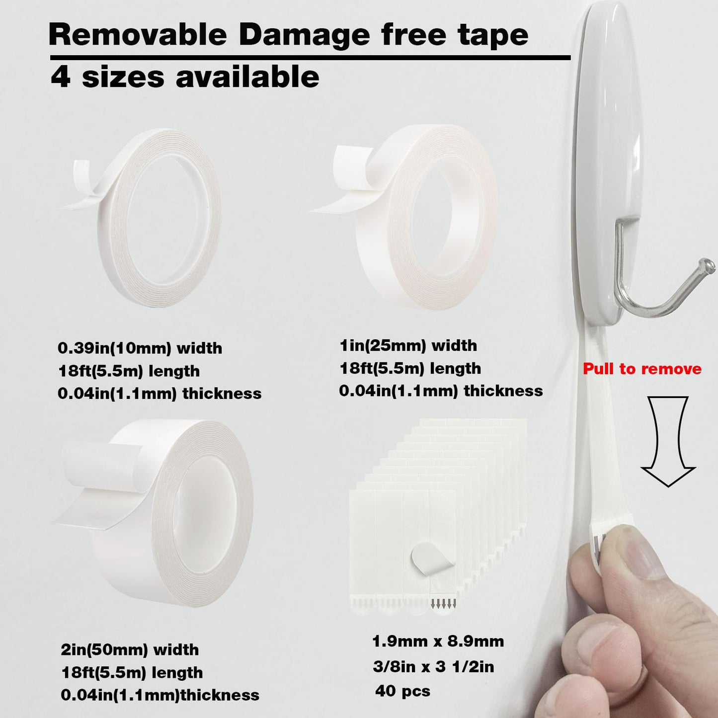 Hasaky Removable Double Sided Tape 40pcs, Picutre Hanging Strips Damage Free,Heavy Duty Mounting Tape Wall Adhesive Strips for Poster Carpet Rug Art Craft Scrapbook