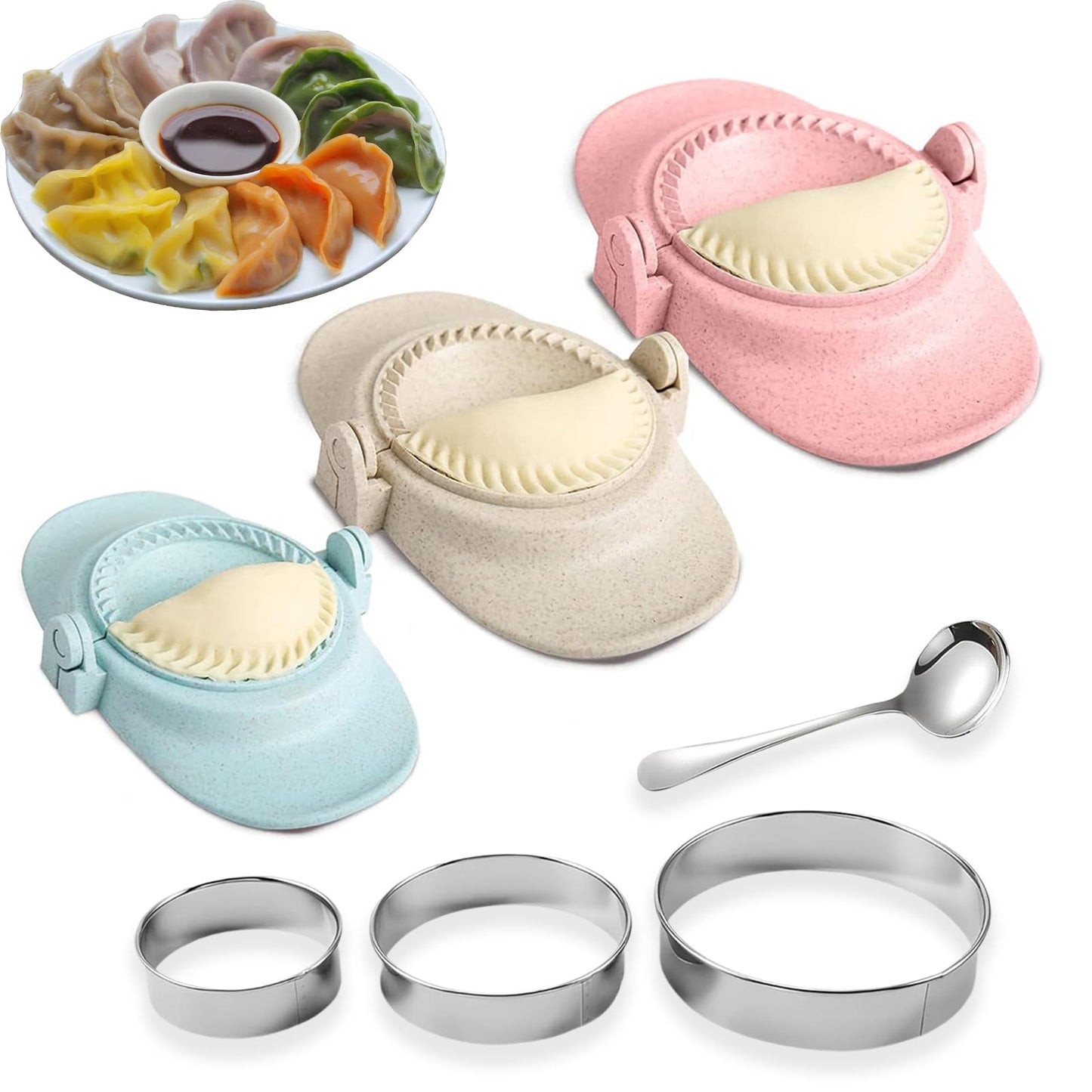 VANEME Empanada Maker Press, Dumpling Maker,Dumpling Mold Set with Dough Cutter & Stuffing Spoon,Suitable for Dumplings,Hollow Dough,Pierogi,Pastelitos(3 sizes)