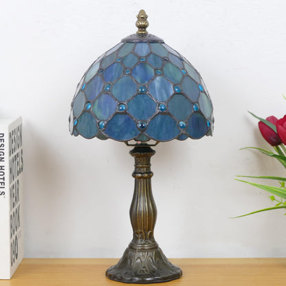 WFAYNTIFL Small Tiffany Lamp Mini Stained Glass Table Lamp Sea Blue Pearl Style Bedside Accent Lamp Memory Sympathy 8X14.5 Inch