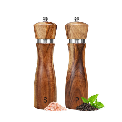 2 Pack Acacia Wood Salt and Pepper Grinder Set, Wooden Salt and Pepper Mill Set Salt and Pepper Shaker Tableware Birthday Gifts Ceramic Core-8 Inch