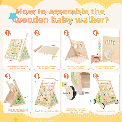 Wooden Baby Walker with Wheels Baby Push Walker for Boys Girls 6-12 Months Wooden Walker Activity Center Walking Toys for 1 Year Old Learning to Walk Sit to Stand Walker for Baby 12-18 Months Push Toy