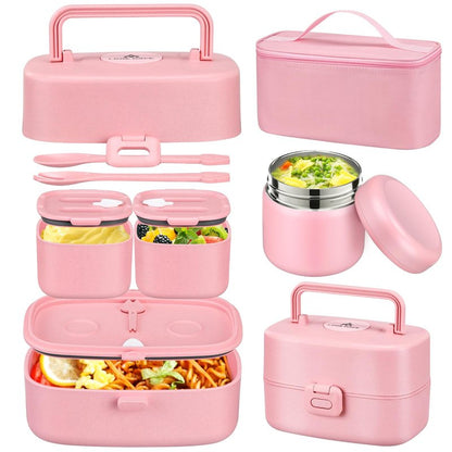 Bento Lunch Box for Kids with 8oz Soup Thermo,2 Leak-Proof Food Containers, a Lunch Bag, Kids Thermo Insulated Hot Food Jar for School, Travel-Pink