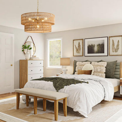 23.6" Boho Rattan Chandelier, 6-Light Large Rattan Pendant Light with 2-Tier Wicker Shade, Bohemian Farmhouse Ceiling Light Fixture Chandelier for Dining Room, Living Room, Bedroom, Kitchen Island