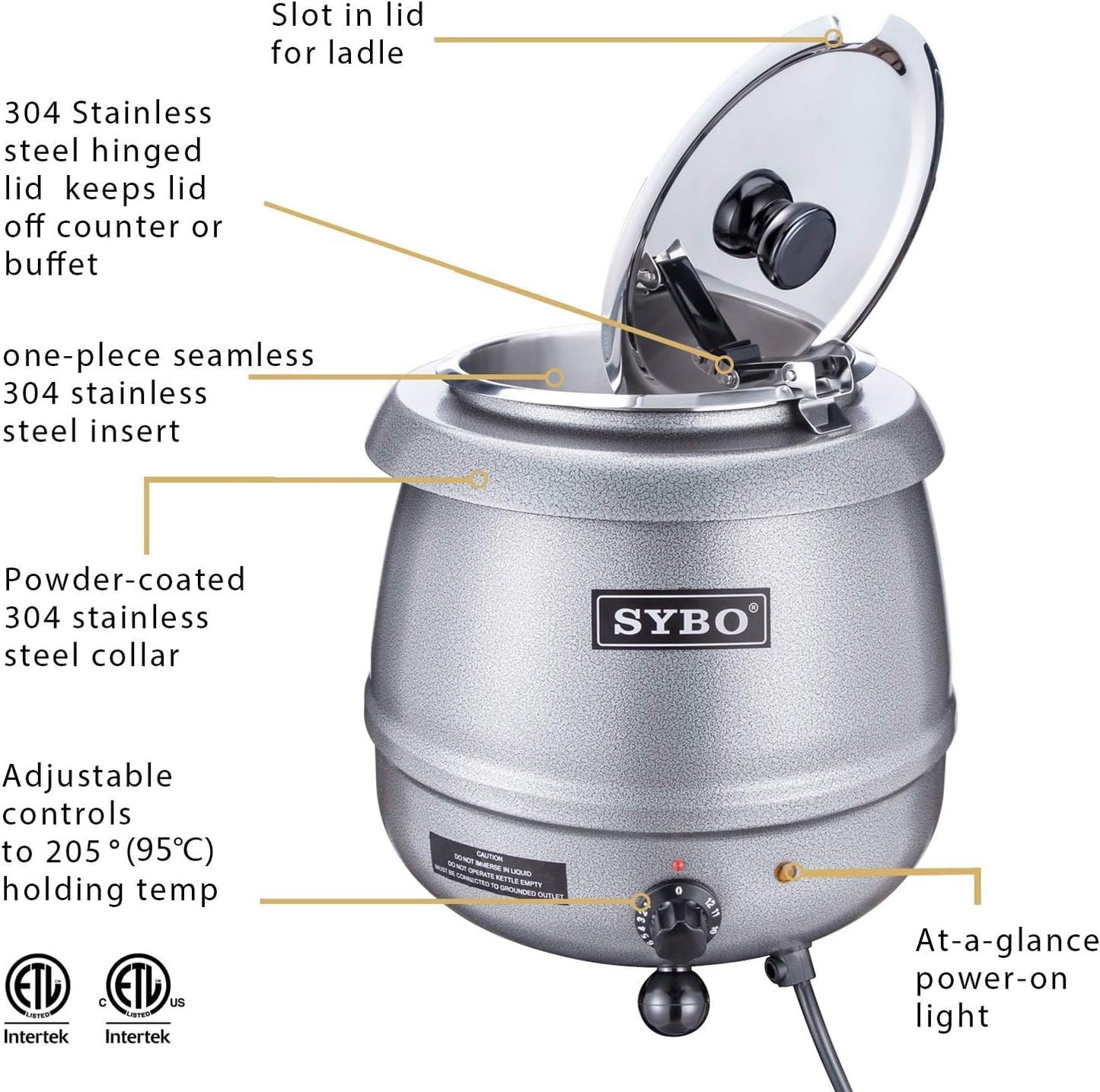 SYBO SB-6000-2G Commercial Grade Soup Kettle with Hinged Lid and Detachable Stainless Steel Insert Pot for Restaurant and Big Family, 10.5 Quarts, Silver