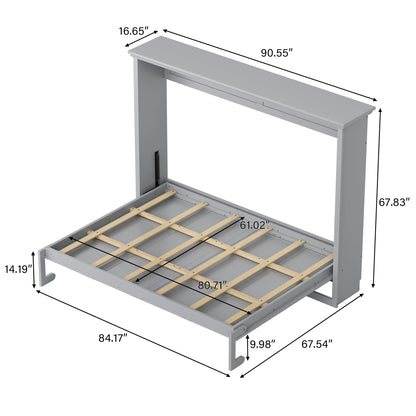 DNYN Queen Size Murphy Bed for Bedroom,Guest Room,Solid Wood Wall Bedframe w/Wooden Leg & Cabinet Design,Super Save Space & No Box Spring Needed, Gray