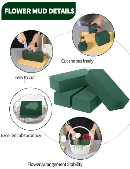 Gildora 6-Pack Extra Large Green Wet & Dry Floral Foam Blocks (8.86" x 4.13" x 2.95") - 2-in-1 Flower Arrangement Foam for Fresh & Artificial Flowers, Wedding Decor, Home Office & Florist Supplies