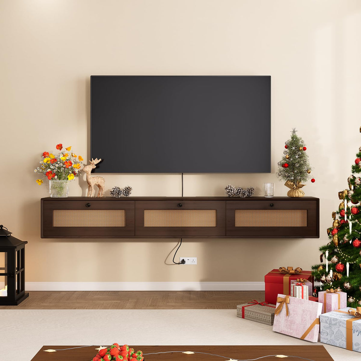 FurniNova 70'' Floating TV Stand with Rattan Doors, Wall Mount TV Console Cabinet, Fully Assembled Floating Entertainment Center, Matte Finish, Plywood Media Cabinet for Living Room