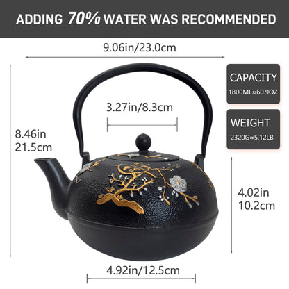 Cast Iron Teapot SECHUDO Teapot for Stovetop Safe Coated with Enameled Interior,Japanese Beautiful Tea Kettle with Stainless Steel Infuser for Loose Tea (60.9oz Plum Blossoms and Bird Pattern)