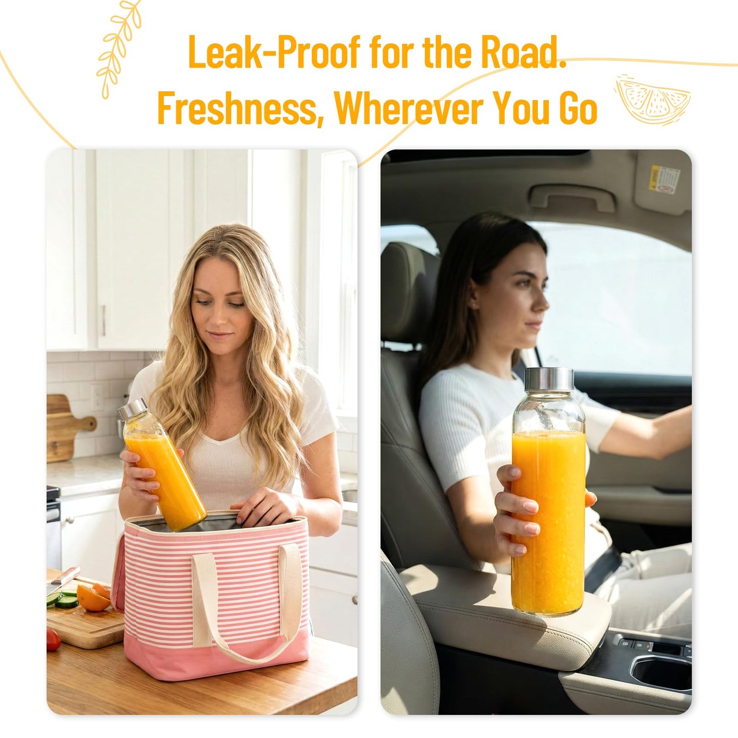 Luxfuel Clear Glass Bottles with Lids 18 oz, Reusable Glass Water Bottles with Stainless Steel Cap for Refrigerator, Juicing, 100% Leak Proof, BPA Free, Juice Bottle Drinking Jar Containers Set of 6