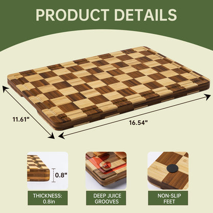 THETCHRY Checkered Bamboo Cutting Board, Thick End-Grain Wood Cutting Boards for the Kitchen, Chopping Boards with Juice Groove, Non-Slip, Durable & Crack-Resistant, Perfect Gifts 16.5” x 11.6” x 0.8”