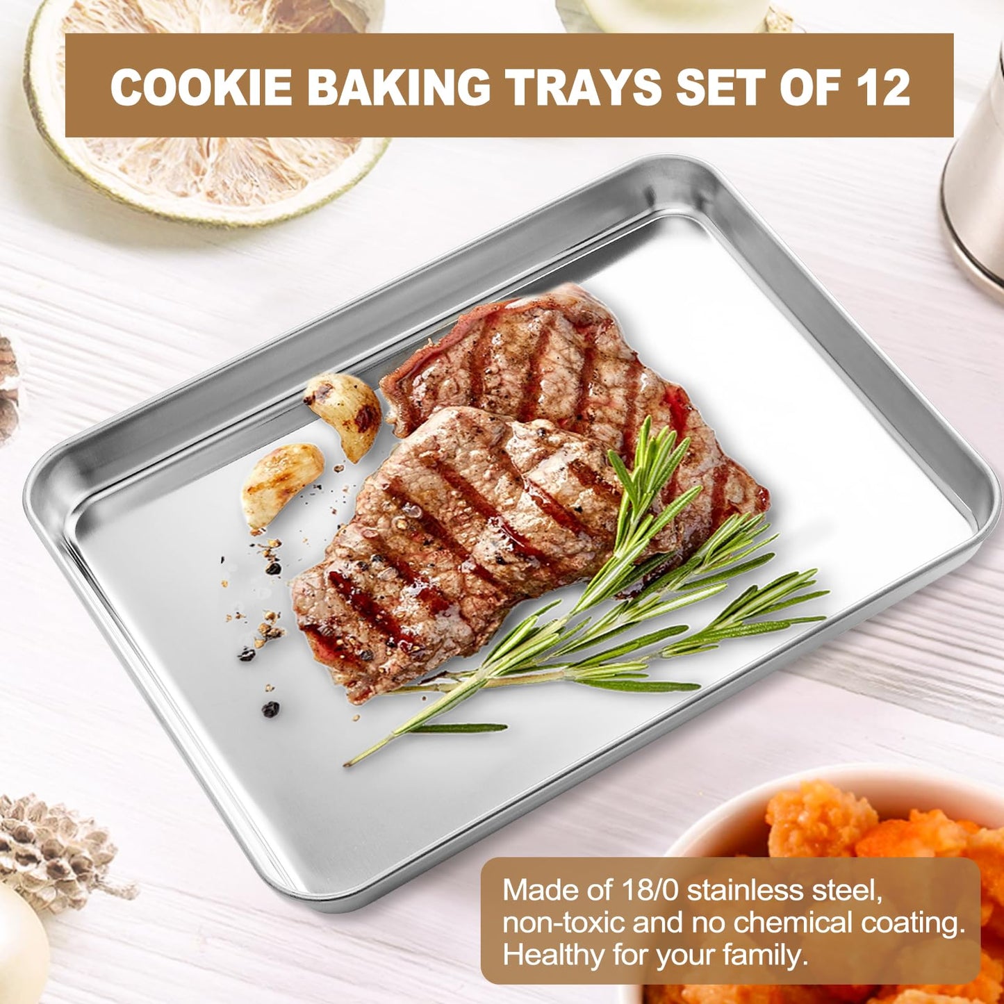 12 Pcs Baking Sheet Set, HKJ Chef Nonstick Stainless Steel Cookie Sheet Baking Pan and Baking Tray for Oven, Size 16 x 12 x 1 Inch, Non Toxic & Easy Clean & Heavy Duty