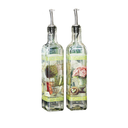 CEDAR HOME Olive Oil Bottle Set Glass Dispenser Vinegar Cruet 17oz. with Stainless Steel Leak Proof Pourer Spout for Cooking or Salad Dressing, 2 Pack, Green