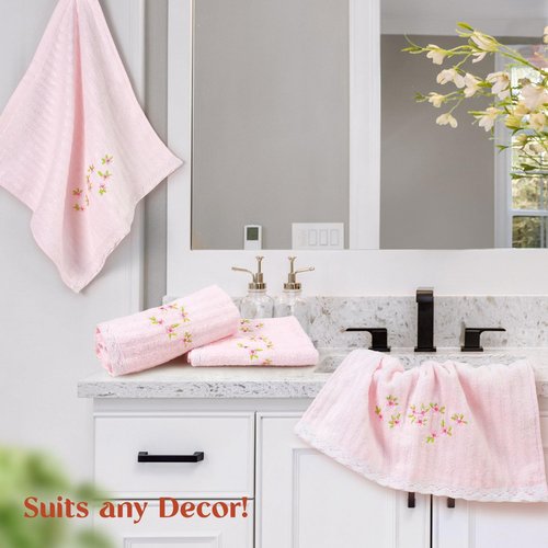Jacquotha Pink Washcloths 4 Pack (Floral Embroidered), Soft Wash Cloths for Face, Body, Showering, Spa & Bathroom Decor Gifts, 13” x 13"