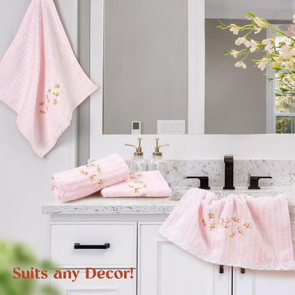 Jacquotha Pink Washcloths 4 Pack (Floral Embroidered), Soft Wash Cloths for Face, Body, Showering, Spa & Bathroom Decor Gifts, 13” x 13"