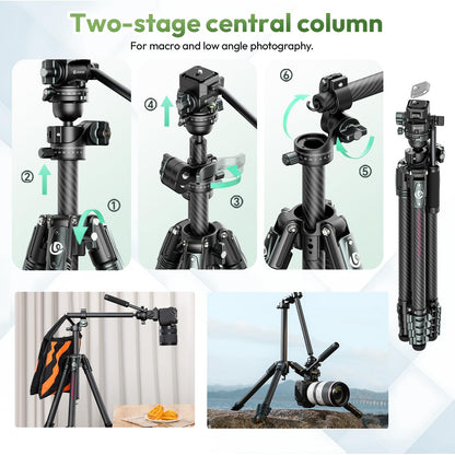 ULANZI JJ06 GlideGo Carbon Fiber Video Tripod, Dual 360° Pan Head, 73.6 inch Max Height, 11 lb Load, UKA Quick Release, Professional Portable Lightweight Travel Tripod with Bag