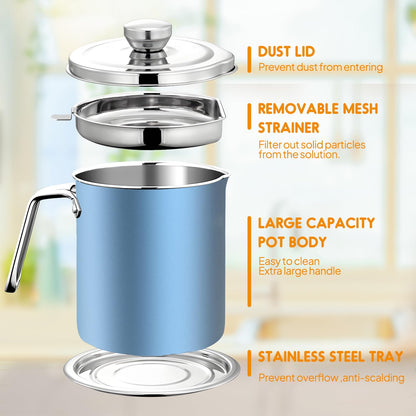 Chihee Grease Container Stainless Steel Bacon Grease Saver with Fine Mesh Strainer 2L / 67.6 fl oz Cooking Oil Keeper Stoarge Can with Dust-proof Lid Non-slip Tray for Kitchen Frying