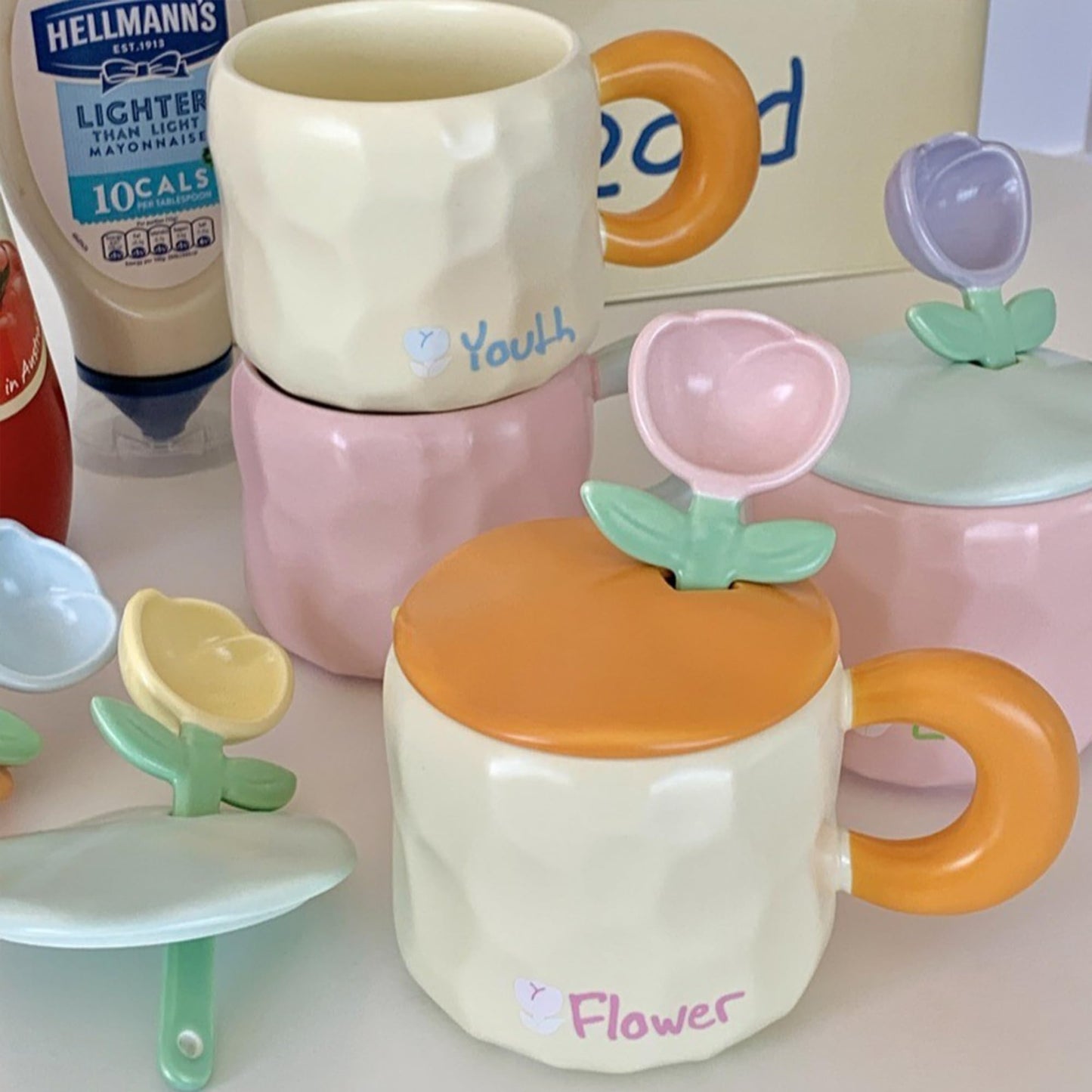 Disoza Mug With Lid 15 OZ Ceramic Tea Christmas Pink Tulip Coffee Flower Cup Floral Funny Coffee Mug Birthday Gift for Women Girlfriend