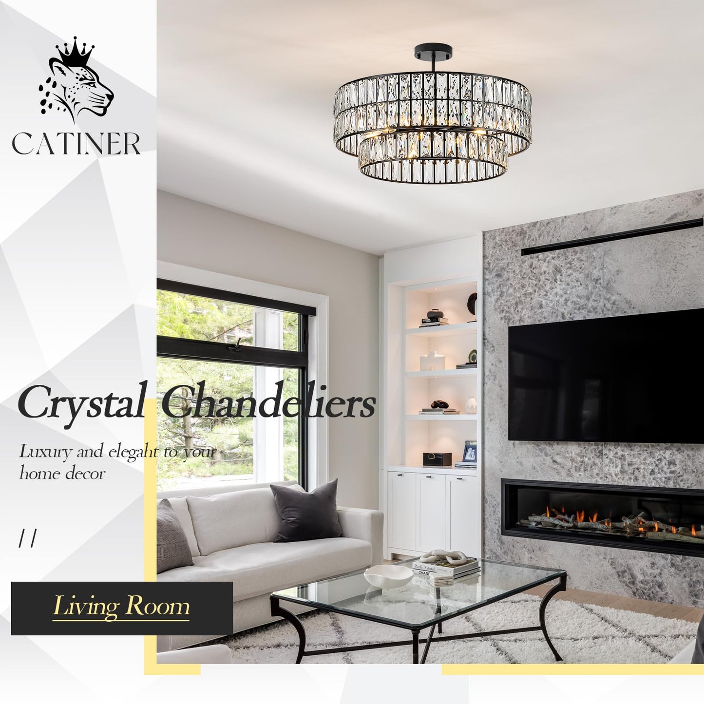 CATINER 24'' Black Crystal Chandeliers Luxury 8-Lights Pendant Chandelier Drum Semi Flush Mount Ceiling Lights for Living Room Dining Room Foyer Bedroom Kitchen